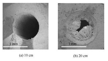 不同管长微通道出口的SEM图